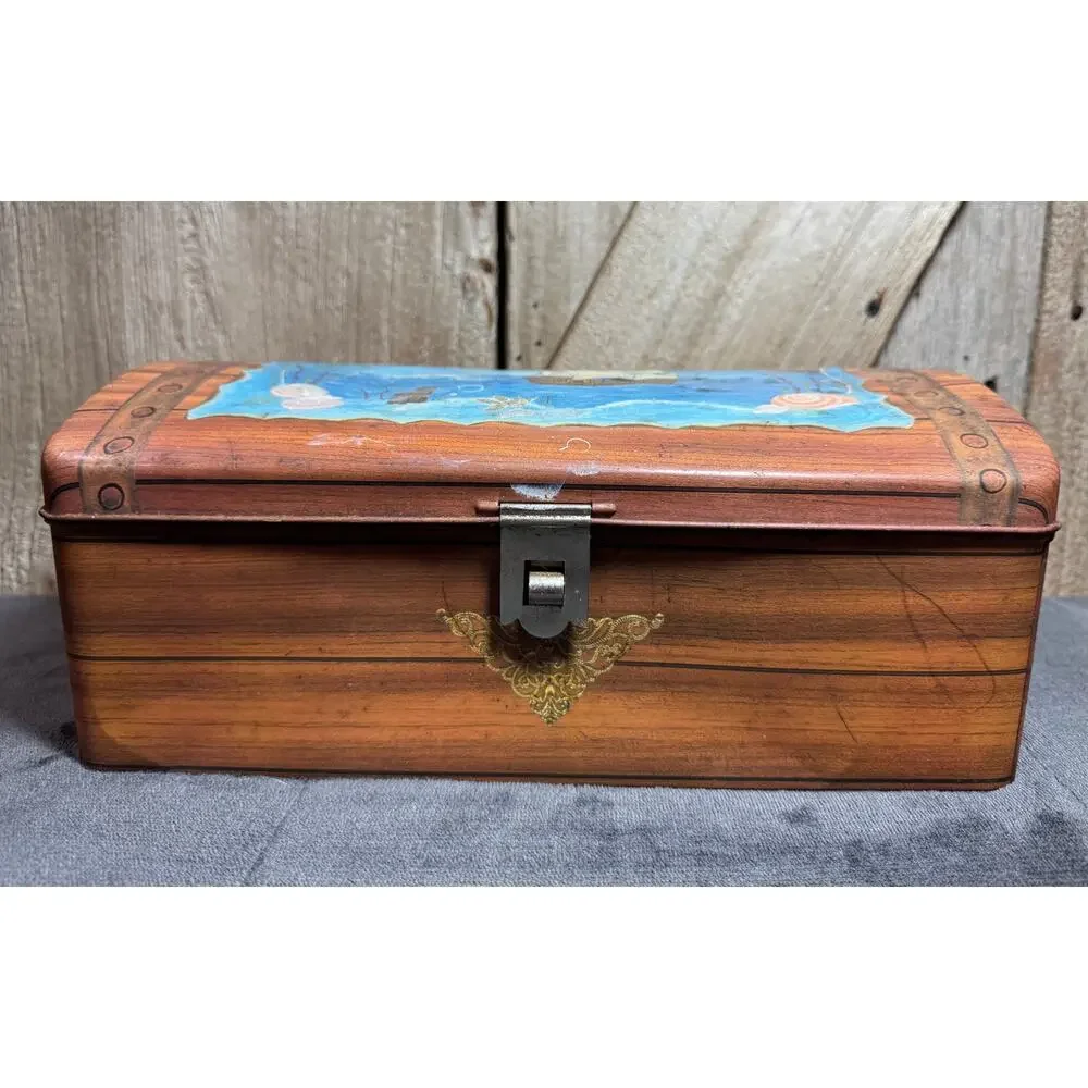 Rare Vintage Tin Litho Treasure Box Hand Painted Metal Pirate Chest Booty